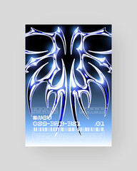 Futuristic Abstract Cyberpunk Poster Design. Silver Chrome, 2000s, shiny metallic surface. Neo tribal shape. Gothic Y2K sharp element, Cyber sigilism aesthetic.