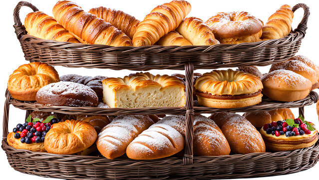 Set of Delicious Pastries, Cakes, and Bakery Items in a Vase Basket – High-Resolution Transparent PNG for Food Photography, Bakery Branding, and Menu Design