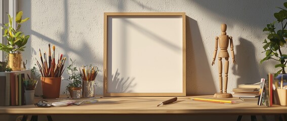 A wooden tabletop mockup with a white empty frame