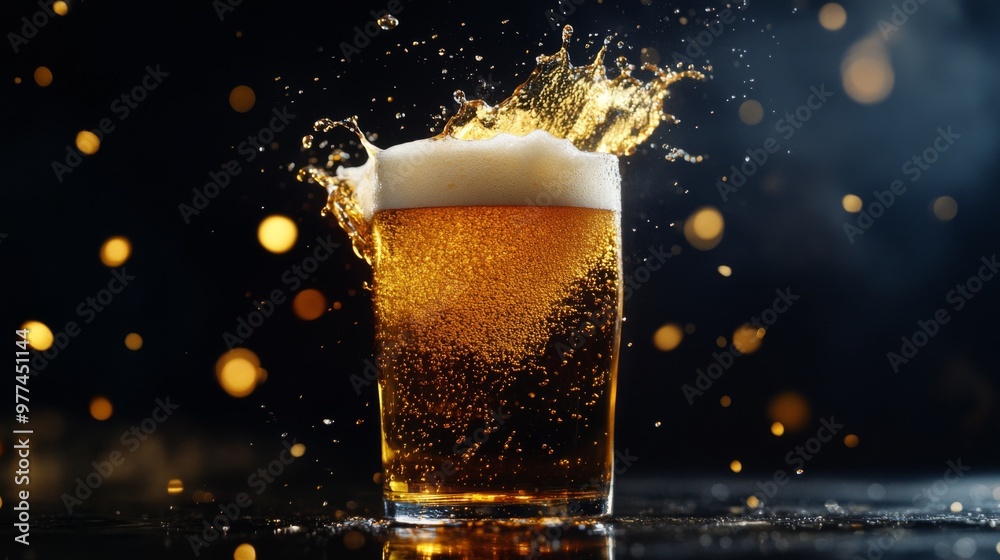 Poster A high-quality image of a beer glass with a splash of beer being poured, creating dynamic movement and emphasizing the refreshing quality of the drink