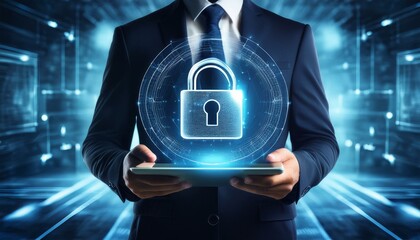Professional man holding a tablet with a digital padlock icon symbolizing business technology security