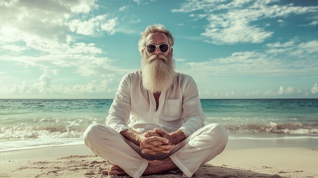 Meditating man with a long beard on a serene beach surrounded by calm waters and a cloudy sky during the day
