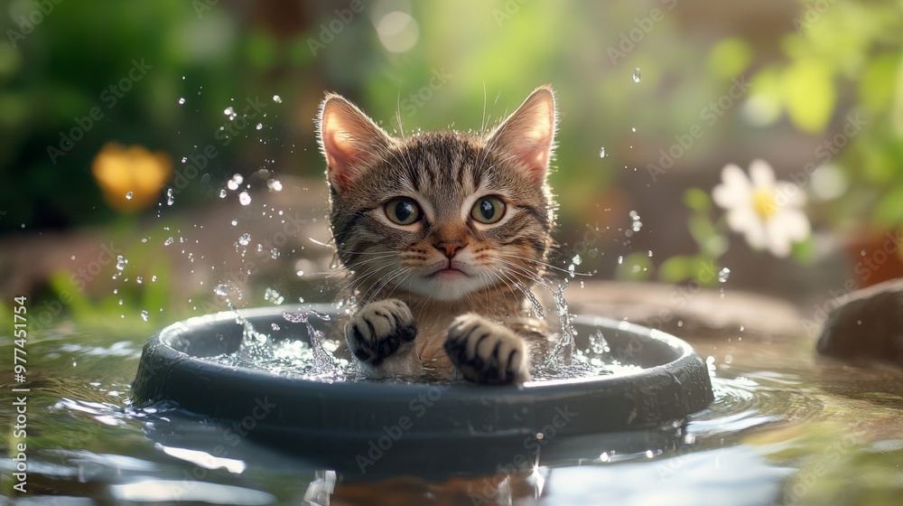 Poster A high-quality image of a cat sitting in a small splash pool, with its paws dipped in the water and a content expression, surrounded by a summer backyard setting.