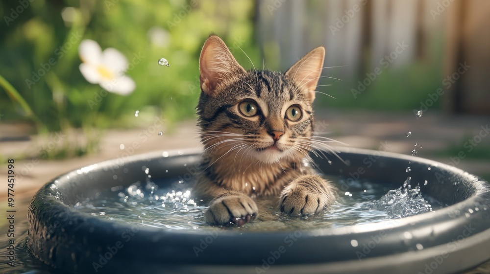 Poster A high-quality image of a cat sitting in a small splash pool, with its paws dipped in the water and a content expression, surrounded by a summer backyard setting.