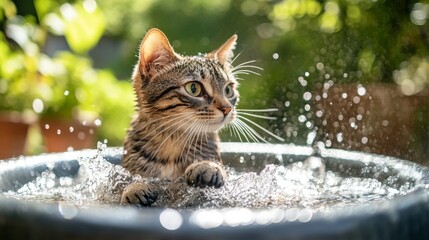 A high-quality image of a cat sitting in a small splash pool, with its paws dipped in the water and a content expression, surrounded by a summer backyard setting.
