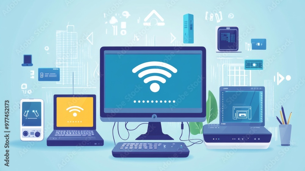 Poster A high-quality image of a home office setup with a visible Wi-Fi router and various devices connected to it, showcasing efficient and modern technology use.