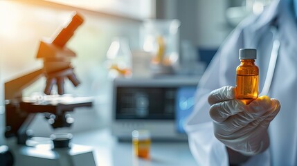 Scientist in lab coat holding vial of experimental drug, with microscope and scientific equipment, symbolizing drug trials and medical research process.
