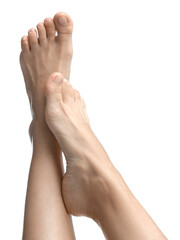 Barefoot woman on white background, closeup view