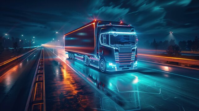 Autonomous Semi Truck with Cargo Trailer Drives at Night on the Road with Sensors Scanning Surrounding.