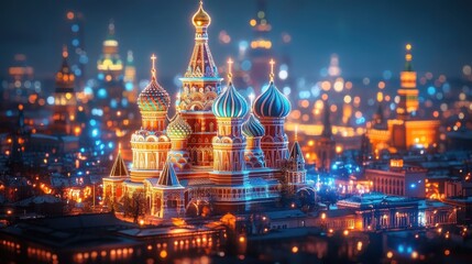 8. 3D hologram of St. Basil's Cathedral in Moscow, its colorful onion domes glowing in vibrant neon, hovering above a digital cityscape