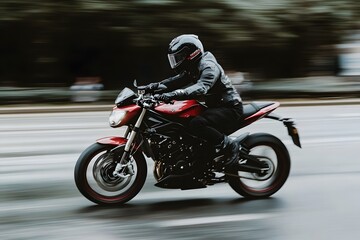 rider racing with sport motorcycle at full sped on the road while wearing safety gear and helmet