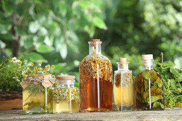 Different natural tinctures and herbs on wooden table outdoors