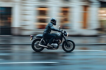 Fototapeta premium rider racing with sport motorcycle at full sped on the road while wearing safety gear and helmet