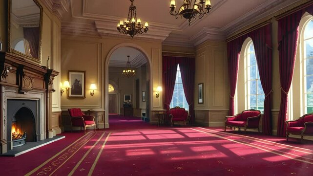 Luxurious room interior with fireplace. seamless looping 4k video background animation