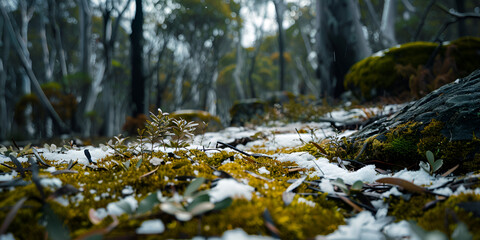 Snowy Forest Floor with Autumn Leaves