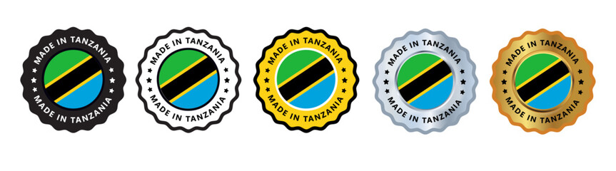 Made in tanzania set of sign stamp badge, with varian color yellow green, silver, gold, black suitable for products manufactured, military, agriculture or food vector illustration eps editable text