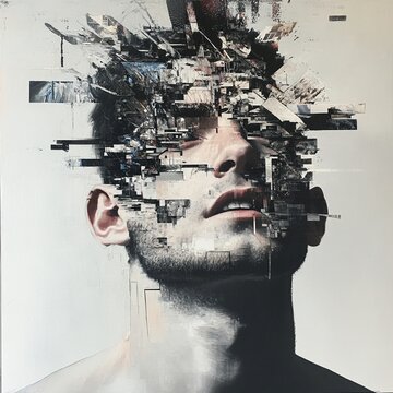 Retrato abstracto de un hombre con fragmentos digitales que distorsionan su rostro, concepto de desintegraci&oacute;n y tecnolog&iacute;a