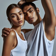 A minimalist fashion shoot featuring a handsome latin man and a beautiful Latina woman, both wearing simple white t-shirts, showcasing natural beauty and timeless style.