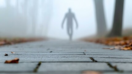 Solitary Figure Walking Through Fog.