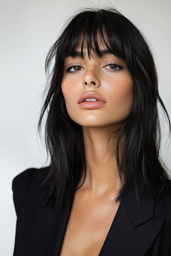Belle jeune femme brune aux cheveux longs avec frange en tailleur noir