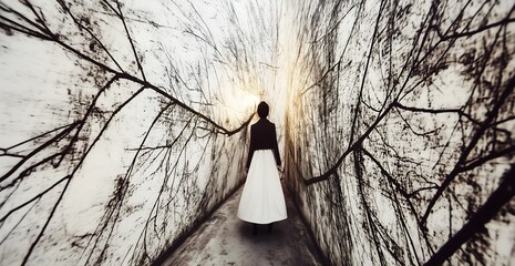 An evocative illustration of a woman embarking on a terrifying nightmarish journey, bravely moving toward a glowing light amidst a dark and eerie path.