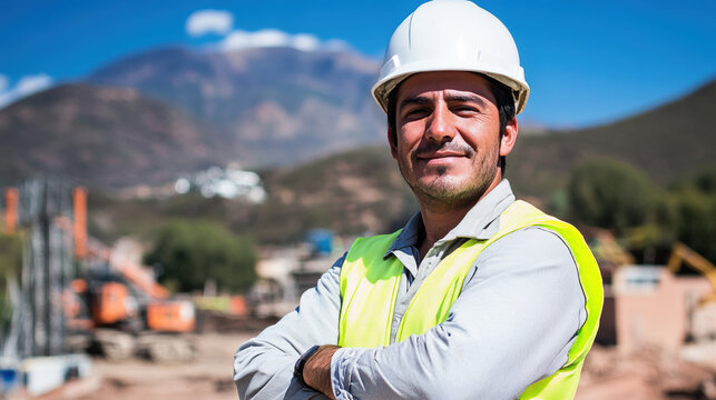 chef de chantier avec son casque posant devant la construction d'un b&acirc;timent