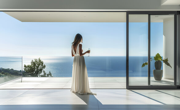 A woman standing on the balcony of a modern luxury home overlooking the ocean, holding a glass with champagne in her hand, the sun shining through the window