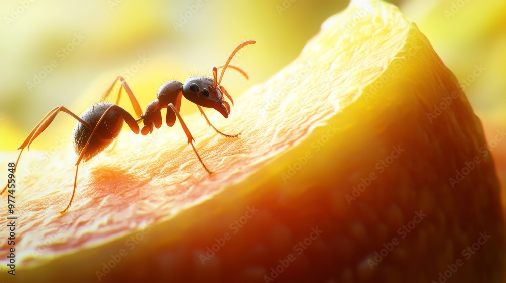 Poster a high-quality image of an ant exploring a piece of fruit, with close-up detail of its antennae and 
