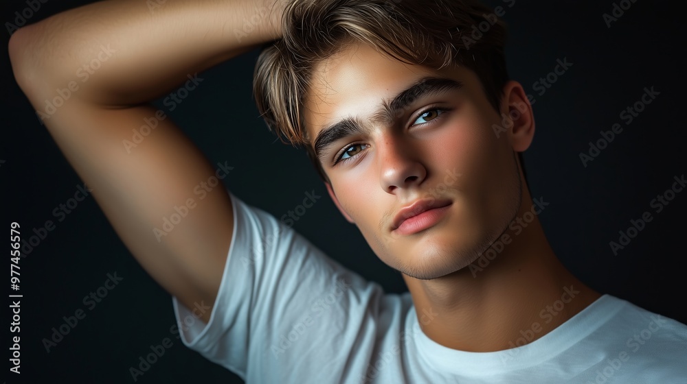 Wall mural a young man poses with a thoughtful expression against a dark backdrop during a studio photography s