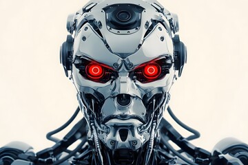 futuristic robot cyborg with angry red eyes, artificial intelligence