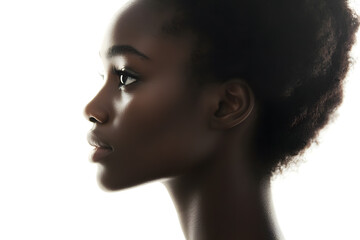 Fototapeta premium Close-up side view portrait of smiling beautiful African woman with radiant dark skin isolated on white background