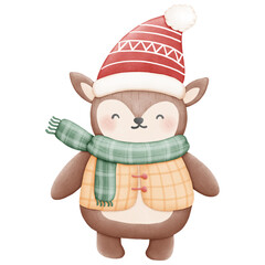 Adorable Christmas reindeer character in a festive hat and scarf