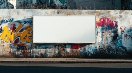 Blank Billboard on Graffiti-Covered Urban Wall