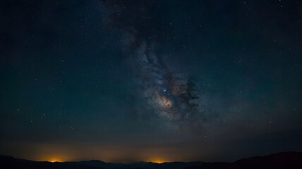Obraz premium star and galaxy night sky, with lights shining behind the mountains in the background