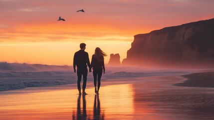 Fototapeta premium A couple walks hand in hand on a sunset beach, glowing in golden light and joyful laughter.