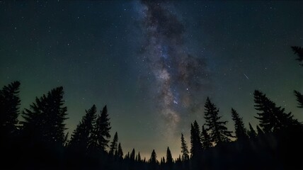 Fototapeta premium Starry night sky filled with a beautiful galaxy, showcasing the vastness of space and the universe, framed by silhouettes of trees in the foreground