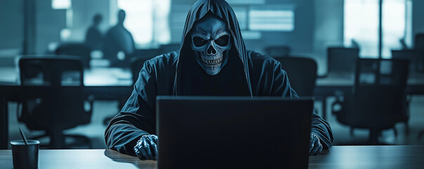 Boardroom meeting where the Grim Reaper is the main presenter, using a PowerPoint presentation with spooky statistics