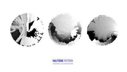 Circle with dot pattern in grunge techno style. Halftone geometric shape - design element, logo, icon. Vector illustration