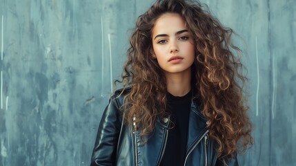 Fototapeta premium Young woman with curly hair poses confidently against a textured gray wall wearing a black leather jacket during daylight