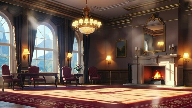Luxurious room interior with fireplace. seamless looping 4k video background animation