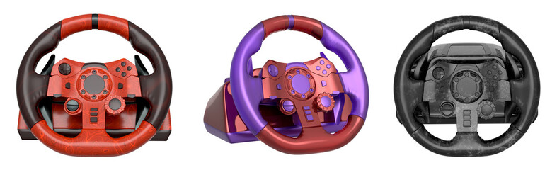 Set of racing game steering wheels isolated on white background with clipping path, expertly crafted to boost your immersive gaming experience