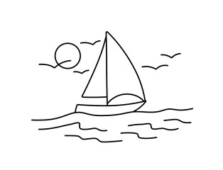Vector isolated simple sailing boat at sea landscape  colorless black and white contour line easy drawing