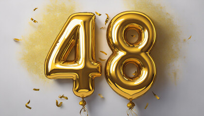 Gold birthday / anniversary balloon, number 48, white background with confetti