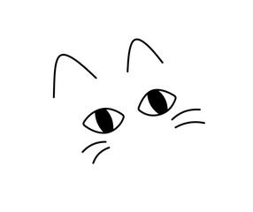 Vector isolated one single cute cartoon funny cat head muzzle doodle colorless black and white contour line easy drawing