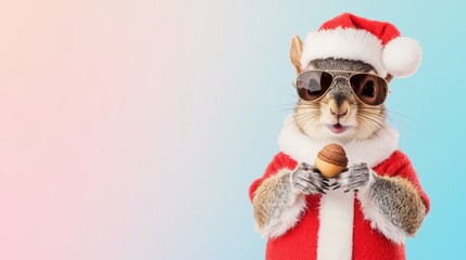 A cute squirrel wearing a Santa suit and tiny aviator sunglasses, holding an acorn against a soft sky blue-to-pink gradient background