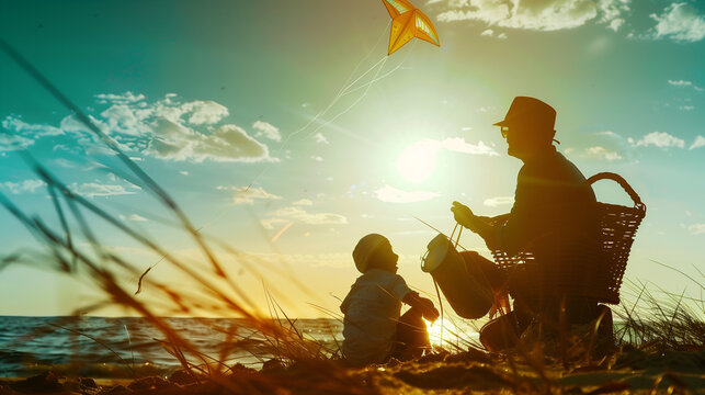 Sunset Kite Flying: A father and son share a heartwarming moment at sunset, silhouetted against the vibrant sky as they fly a kite.  The image evokes a sense of carefree joy and familial connection, c