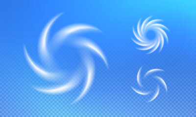 Air swirling currents forming circular, spiral shapes. Elements for airflow, breeze, and movement, cooling systems, air conditioning, and ventilation. Transparent background