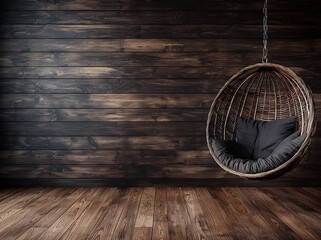 Design a black plank wall terrace with rattan swing chairs, decorated with black planks