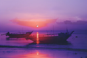 Serene Sunset on the Water:  A tranquil scene of two boats gently bobbing in the water at sunset, with a breathtakingly vibrant purple sky. The soft glow of the setting sun creates a sense of peace an