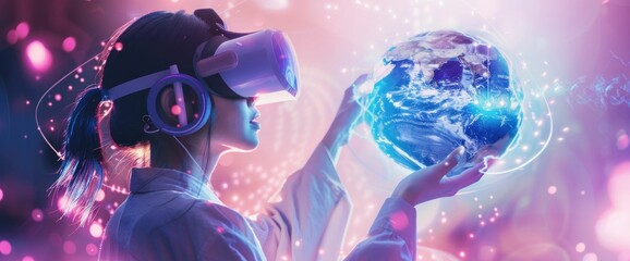 A person wearing VR headset holds a glowing globe, immersed in a digital world filled with vibrant colors and abstract patterns